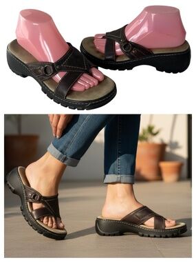 Vtg 90s Y2K MIA Platform Sandals Slides Sz 8.5 Chunky Heel Brown Leather Strappy